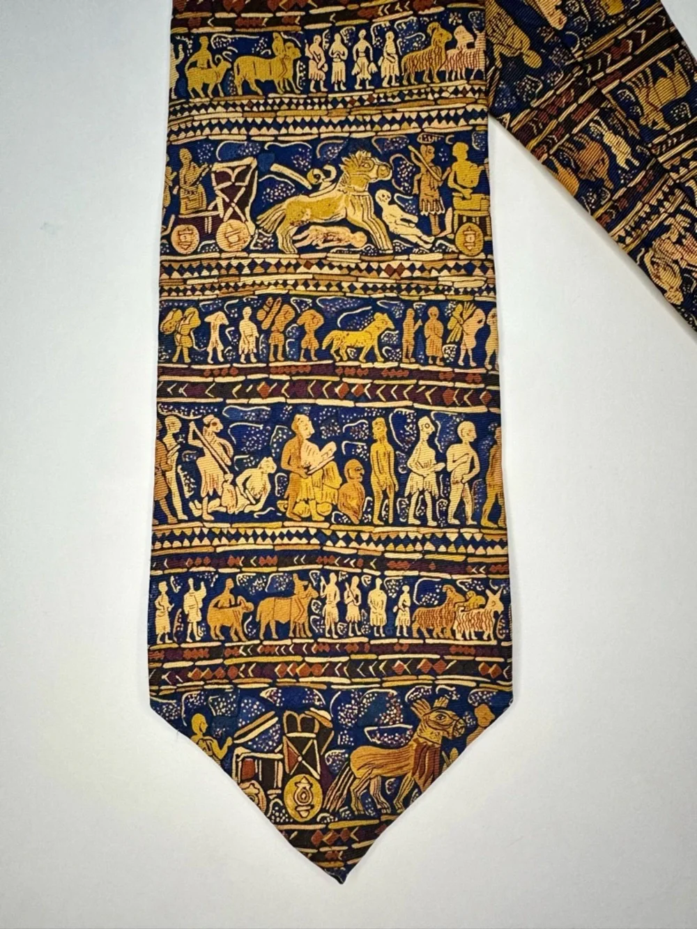 ANCIENT ART—Mesopotamia Blue & Gold Classic Silk Tie by Alynn Neckwear, 3.75”